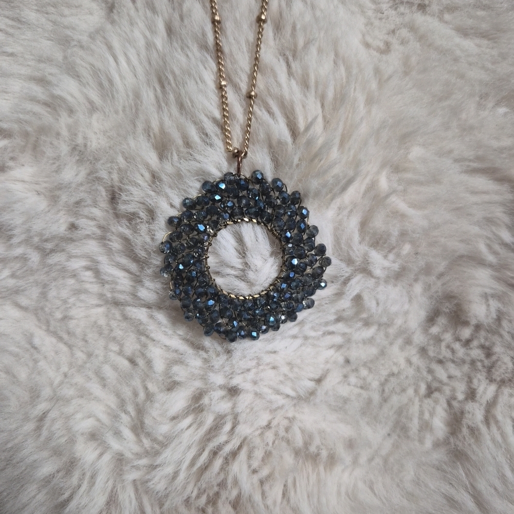 Round Bead Pendant Necklace Boho Bohemian Glam Blue Faceted Beads Gold Tone ✨️
